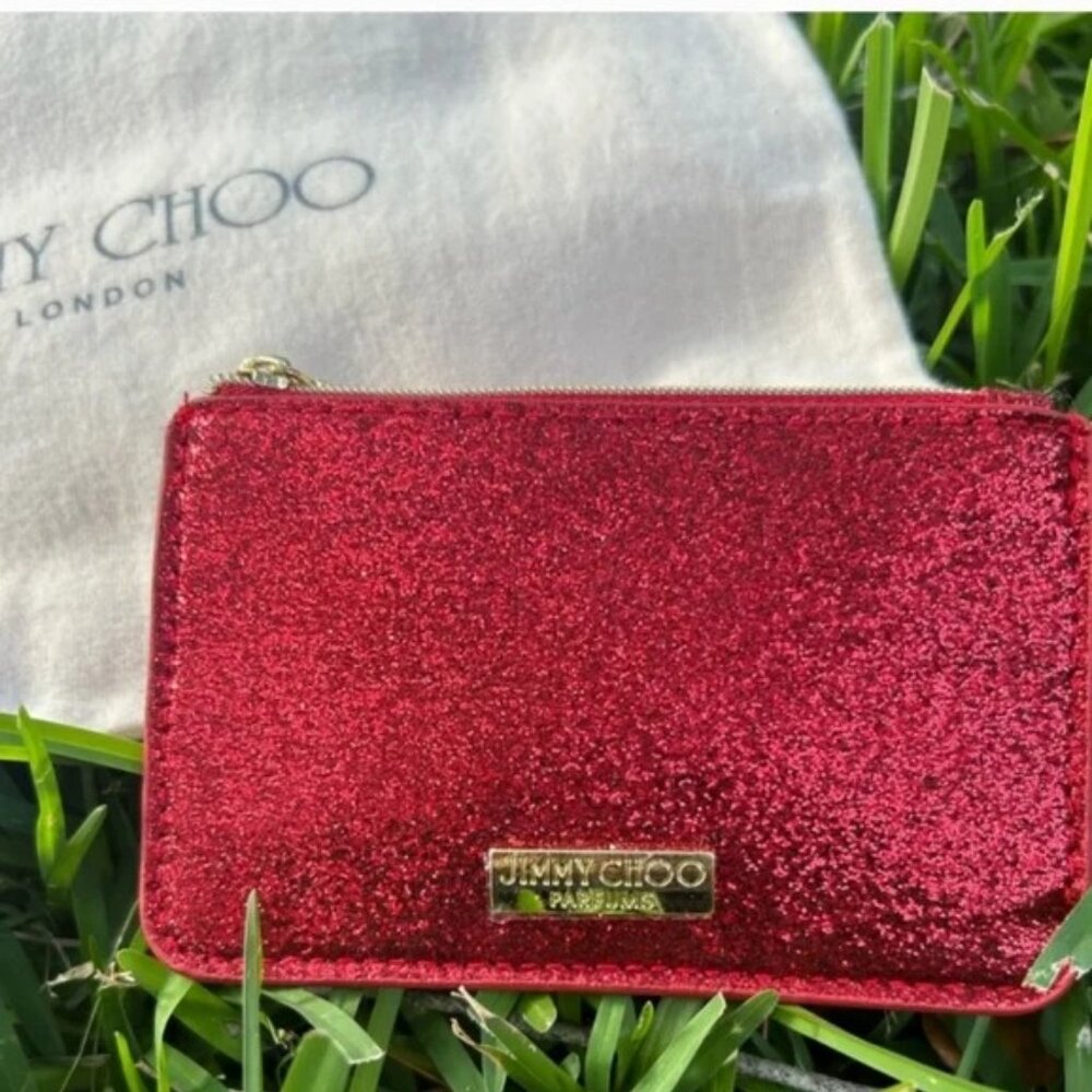 Jimmy Choo Red Glitter Card Holder & Drawstring Dust Bag NWOT - Picture 2 of 8